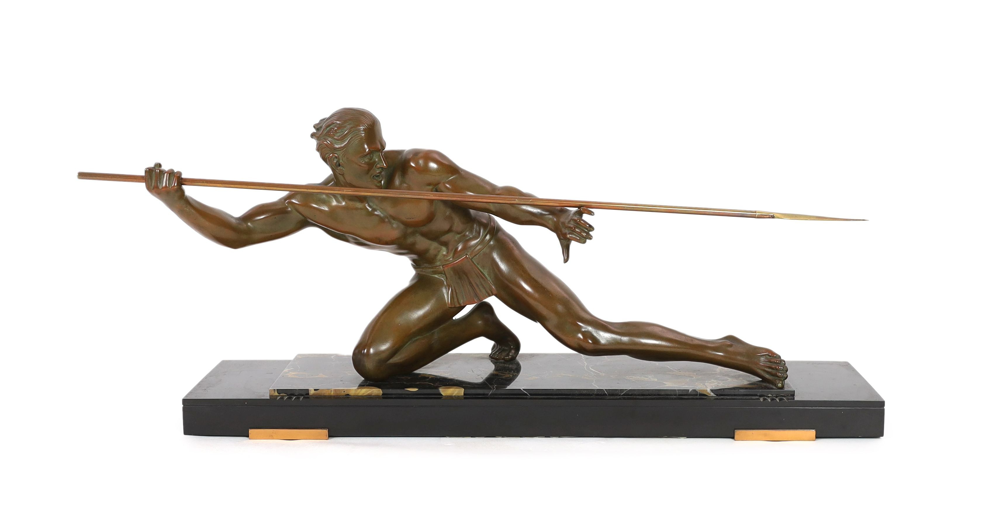 Pierre Joseph Hugonnet. A 1930s French Art Deco bronze model of a spear thrower, length 90cm, height 38cm